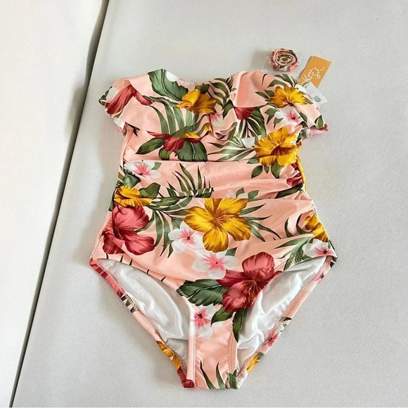 Flounce Front One Piece Swimsuit Kona Sol Hawaiian Floral Removeable Straps - Picture 11 of 15
